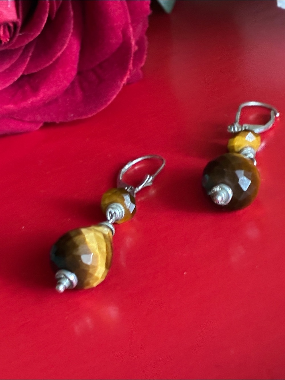 925 Silver Earrings, Faceted Tiger Eye Drop Earrings — Brown and Silver - Picture 4 of 7